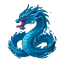 A majestic water dragon with shimmering blue and aqua scales, crimson eyes, and a bright pink tongue, coils powerfully against a black background.