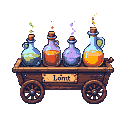 Wooden cart carrying four glass bottles filled with colorful, sparkling magical potions.