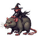 A witch in a pointed hat and flowing cloak rides a colossal, snarling rat with glowing red eyes.
