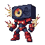 A red and blue armored electro demon with a speaker for a head, crackling with yellow electrical energy.