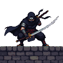 Ninja in black with gold accents crouches on stone wall, gripping oversized sword.