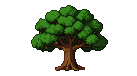A solitary green pixelated tree with a brown pixelated trunk and roots on a black background.