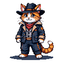 Anthropomorphic tabby cat in a cowboy outfit with a hat, bandana, jacket, pants, and boots, against a black background.