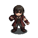 A pixel art character in a dark red coat stands ready for combat, hands clenched.