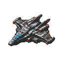 Sleek, dark spaceship with sharp angles and glowing red accents, hovering in a void. The hull is grey and white pixels, with cyan cockpit lights.