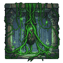 Luminous green vines engulf moss-covered jungle ruins, forming an organic UI around a central artifact.
