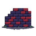 A weathered wall made of dark purple and deep red bricks, with moss and pebbles at its base.