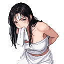 A young woman with long, dark, wet hair, wrapped in a white towel, nervously chews another towel.
