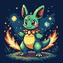 Emerald-green creature with large eyes, prominent ears, a golden-yellow collar, and a forehead gem, encircled by a fiery arc against a starry night sky.