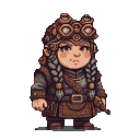 Steampunk female dwarf with braided grey hair, goggles, leather and metal outfit, bandolier, and belt with buckle.