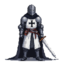 Stoic Templar knight in dark tunic with white cross, wearing gleaming plate armor and a closed helmet, hands resting on sword hilt.