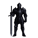 A black knight in detailed dark armor stands with a massive two-handed sword.