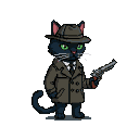Black cat detective in trench coat and fedora, holding a revolver, with emerald eyes and a cigarette.