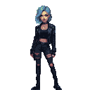 Young woman with short blue hair, dark makeup, studded leather jacket, ripped jeans, and combat boots, one hand on hip, holding a silver pendant.