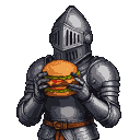 Medieval knight in full plate armor holding a large hamburger.