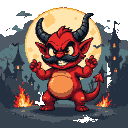A red demon with a large handlebar mustache stands with arms raised, flames at its feet, before a full moon and gothic castles.