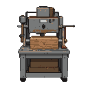 Industrial wood processing machine with a wood plank in its jaws, levers, knobs, and display visible. Stacked planks are beneath.
