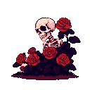 A skeletal figure entwined with deep red roses.