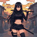 Young woman in dark tactical outfit with katana on shoulder, silhouetted against a sunset over traditional architecture.