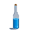 Slender glass bottle with cork stopper, holding luminous blue liquid that fills half the bottle, with a faint shadow.