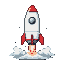 White and red rocket launching upwards through white smoke.