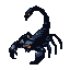 A dark blue and gray scorpion with glowing orange eyes and raised tail against a black background.