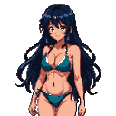 Young woman with long dark hair in a teal bikini, looking shyly down.