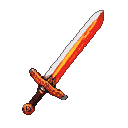 A sword with a blade glowing white-hot at the tip, transitioning to orange and red, with a dark, smoldering hilt and crossguard.
