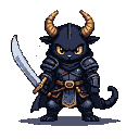 Black knight in segmented armor with golden accents and horns, wielding a saber, with piercing yellow eyes.