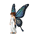 Young woman with brown ponytail and white Grecian dress, large iridescent blue and teal butterfly wings.