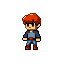 A JRPG character with bright red hair, blue tunic, and grey pants stands ready for adventure.