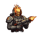 Menacing spaceman in bulky metallic armor with glowing orange accents, helmet revealing a burning skeleton head wreathed in flames, holding a fire-spewing rocket launcher.