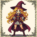 Blonde witch in crimson hat and cloak, with hands held forward.