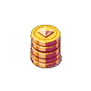 A stack of golden coins with purple edges, topped by a diamond.