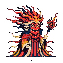 Fearsome inferno mage with a maniacal grin, bulging bloodshot eyes, and a crown of flickering flames. Wears a striped robe and clutches a staff topped with a swirling fire orb.
