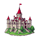 A white stone medieval Spanish castle with red-roofed turrets sits atop a green, rocky hill, a red flag flying from its highest spire.