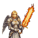 A stoic angel in ornate pixelated armor wields a vibrant pixelated firesword, her gaze determined.