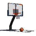 A basketball sits on a dark surface beneath a pixelated basketball hoop with a white backboard, blue outline, red rim, and silver net.