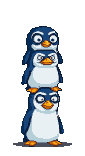 Three penguins stacked precariously, each with a comical, exaggerated expression of bewilderment, surprise, and alarm.