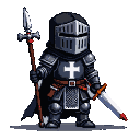 Stoic Templar Knight in segmented black armor with a white cross on chest, holding a crimson-tipped lance and sword.