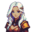 A regal woman with flowing white hair, piercing blue eyes, and an enigmatic smile. She wears golden pauldrons over a dark, high-collared garment featuring a prominent blue gem. A delicate golden hair accessory is visible.