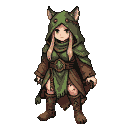Young female druid with wolf-ear hood, wearing tattered earth-toned tunic, leggings, and moss-green cloak, with a leaf amulet.