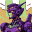 Pixelated mecha, resembling EVA Unit-01, in purple, green, and orange. Its head is turned left, with a horned helmet and a glowing green eye. The background is a stark, abstract blend of muted orange and pale green.