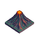 Isometric pixel art volcano erupting with molten lava flowing down its dark green and purple slopes, illuminated by a bright orange-yellow glow from its peak.