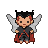 Stylized pixie with spiky black and red hair, wearing dark grey trousers, a black tunic, and a flowing red cape. Delicate, translucent blue-glowing wings.