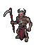 Skeletal demon with glowing red eyes and menacing horns, holding a scythe, clad in tattered red cloth, in isometric perspective.