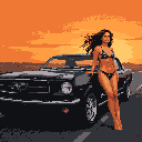 A woman in a black bikini leans against a retro black Mustang with chrome accents, silhouetted against a pixelated orange sunset.