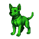 Emerald green canine with pointed ears, muscular build, and a tail held high, wearing a studded dark collar.