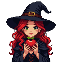 Young witch with cascading red hair and green eyes, wearing a pointed witch's hat and dark cloak, holding a bright red apple.