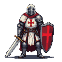 Templar Knight in white tunic with red cross, plate armor, crimson cloak, holding a greatsword, and a shield with a red cross.